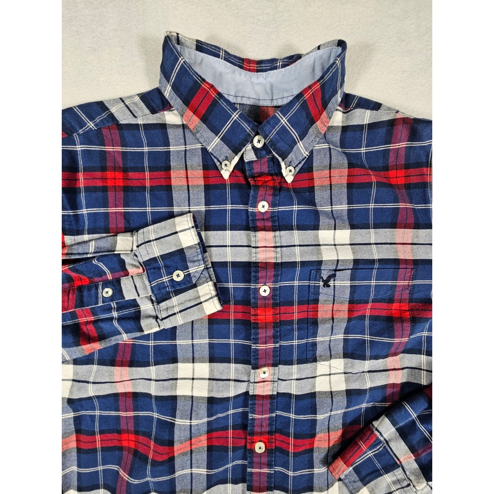 American Eagle Mens Classic Fit Plaid Button Down Shirt Navy Red L 5461863713